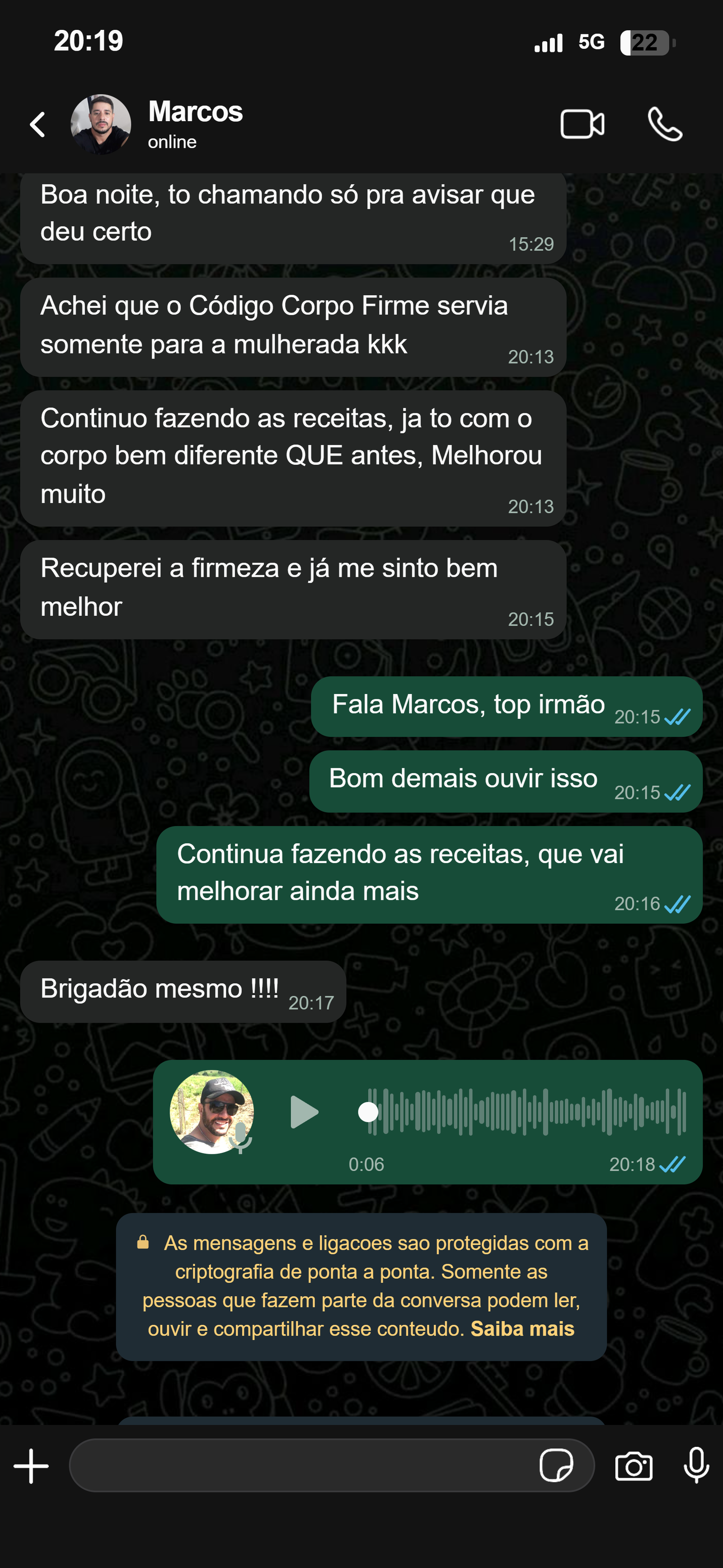 Print de conversa no WhatsApp com o Marcos sobre o Código Corpo Firme