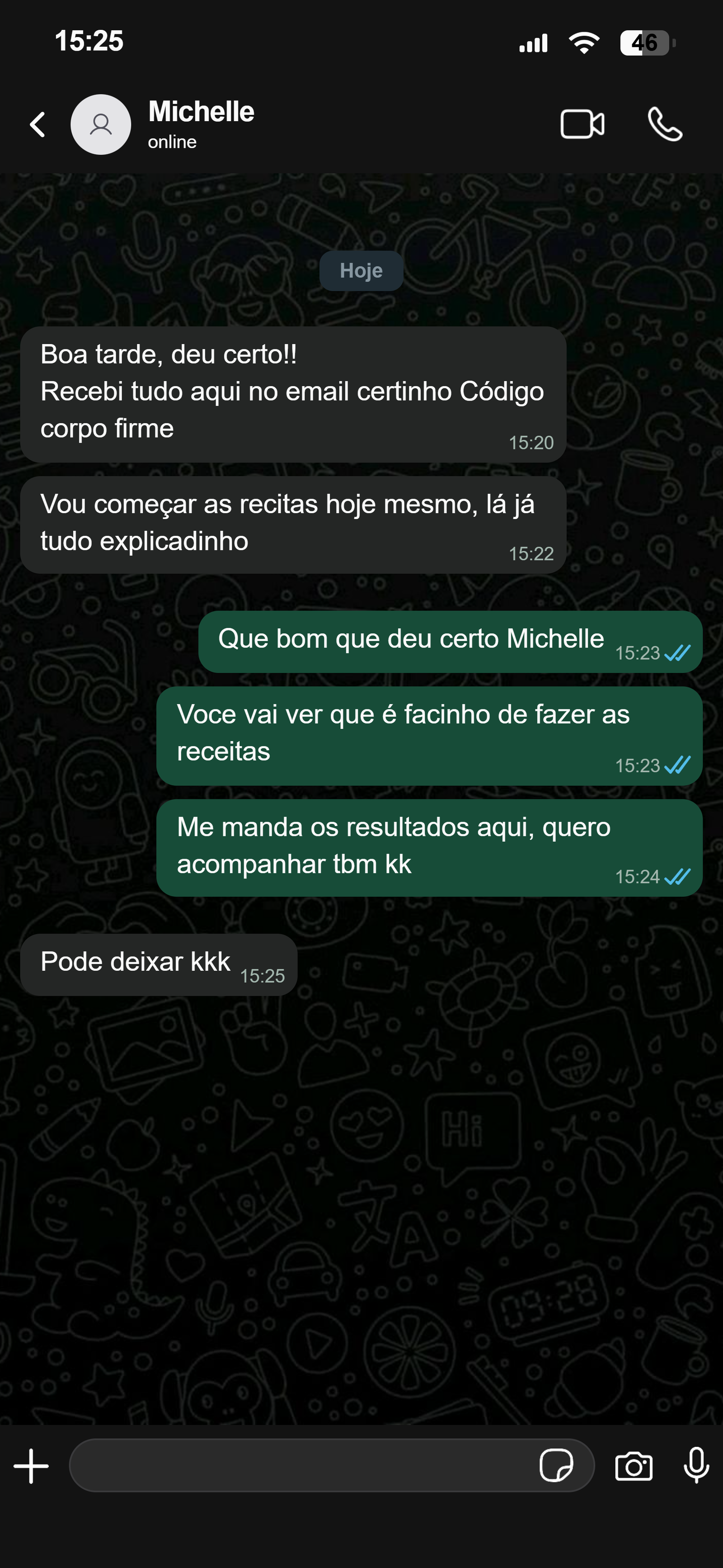 Print de conversa no WhatsApp com a Michelle sobre o Código Corpo Firme